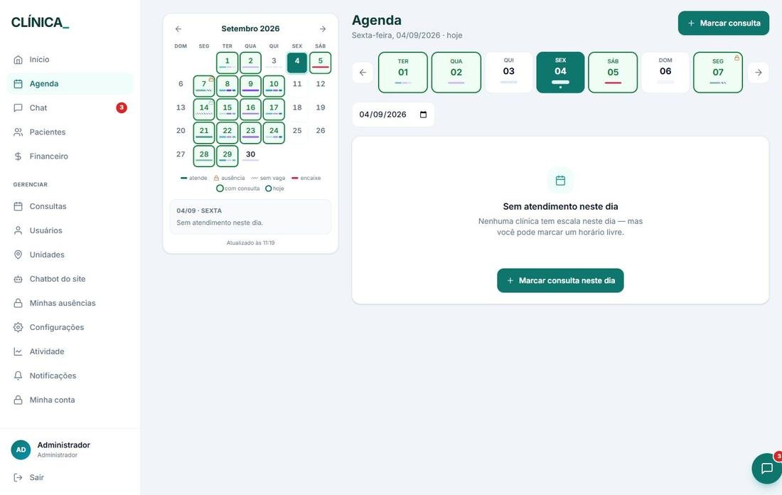 Agenda do painel da clínica